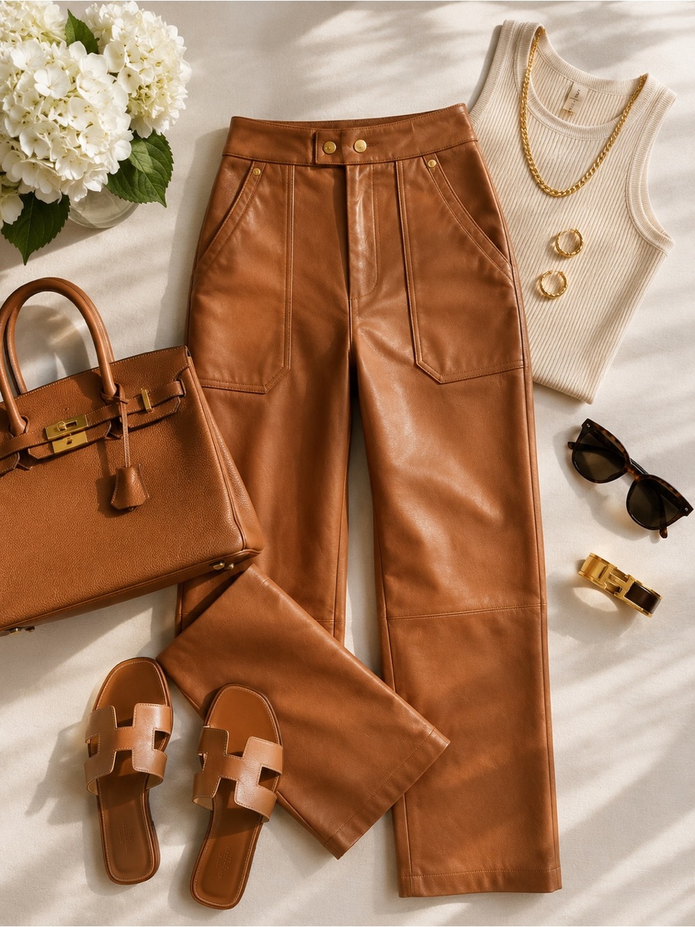 Blank NYC Vegan Leather Pants Tan High Rise Cropped Straight Leg Chic Luxe Pants - Picture 7 of 7